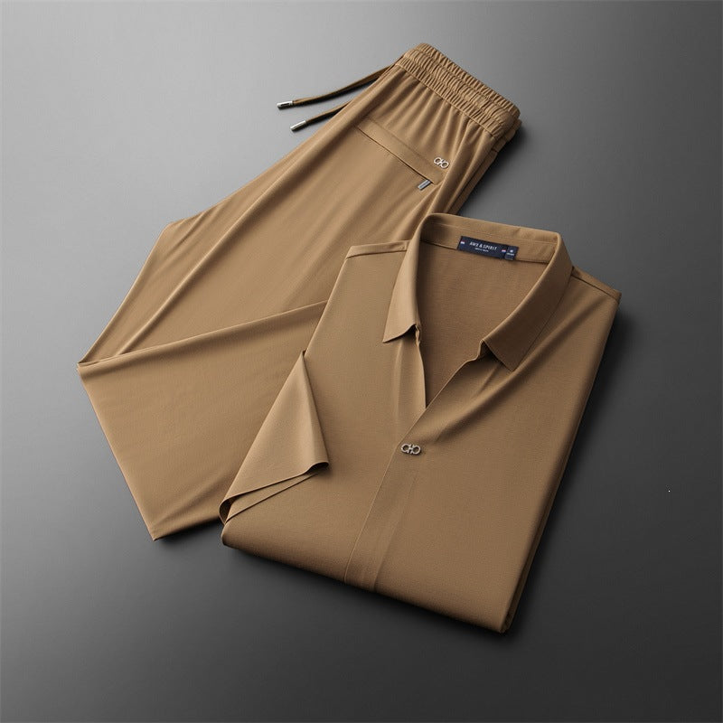 Buzios Men's Silk Shirt & Pants Set in Brown, view 1