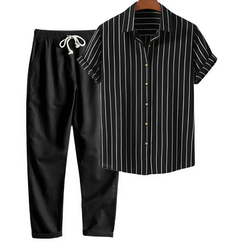 Boipeba Men's Pinstripe Shirt & Pants Set in Black Pinstripe / Black, view 1