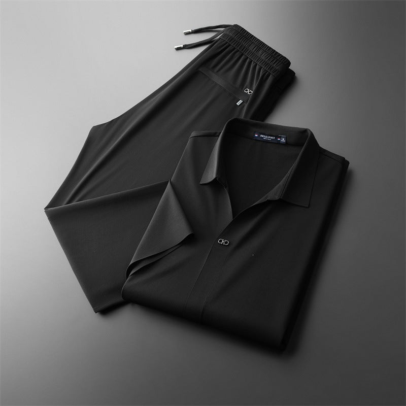 Buzios Men's Silk Shirt & Pants Set in black, view 1