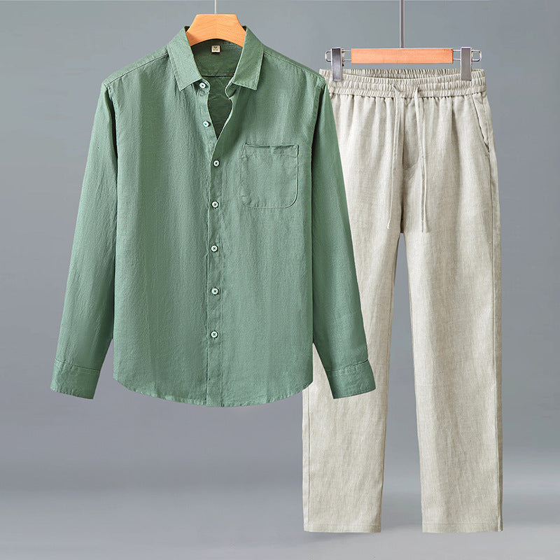 Paraty Men's Long-Sleeve Linen Shirt & Pants Set in Green + Natural Hemp, view 1