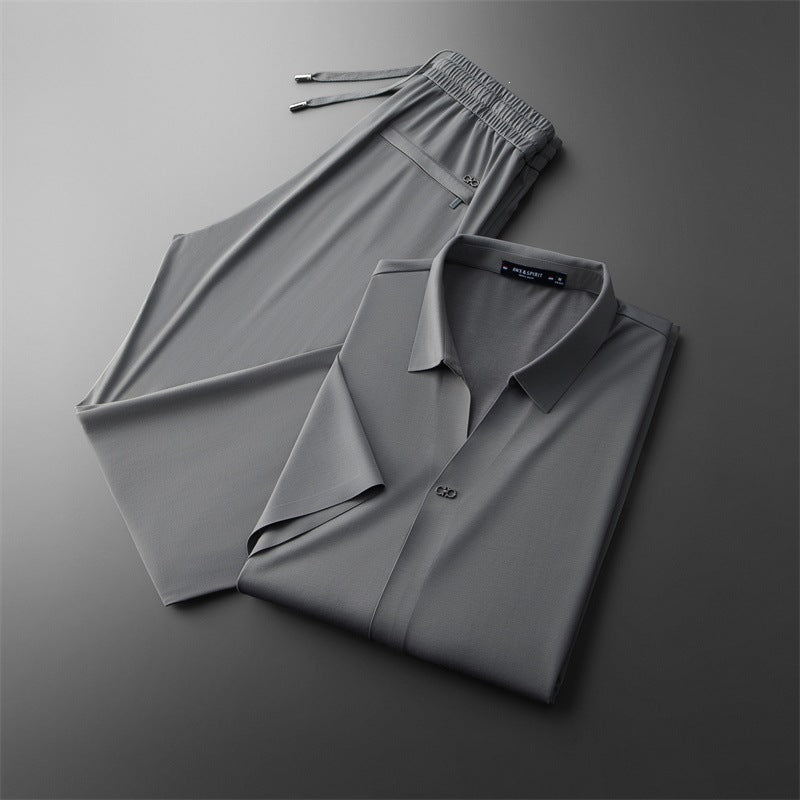 Buzios Men's Silk Shirt & Pants Set in greyish green, view 1