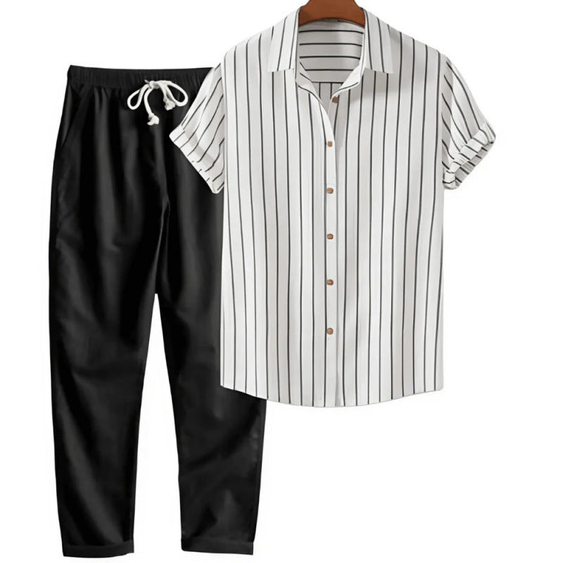 Boipeba Men's Pinstripe Shirt & Pants Set in White Pinstripe / Black, view 1