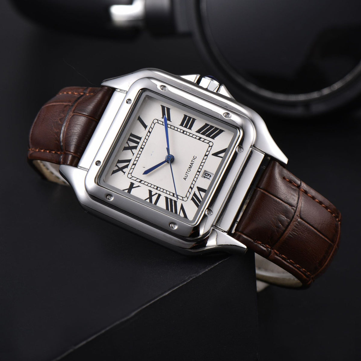 Firenze Men's Square Quartz Watch in Silver, white dial, dark brown leather, view 1