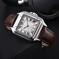 Silver, white dial, dark brown leather