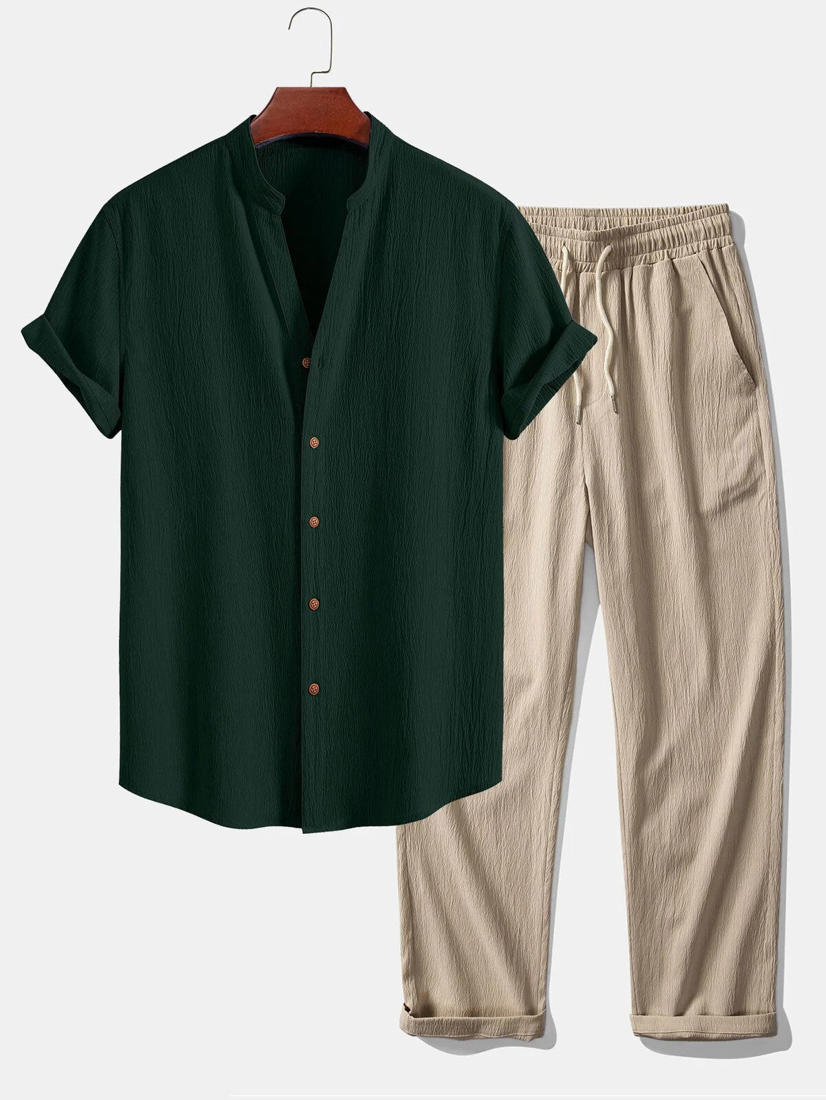 Marau Men's Textured Shirt & Pants Set in Forest Green / Beige, view 1