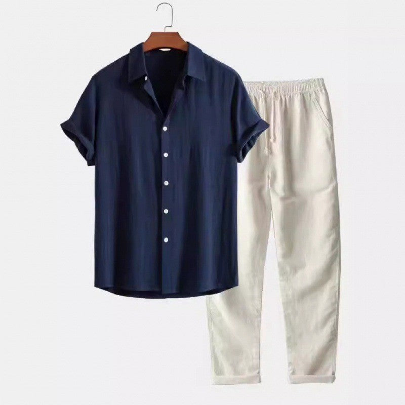 Boipeba Men's Pinstripe Shirt & Pants Set in Navy / Cream, view 1
