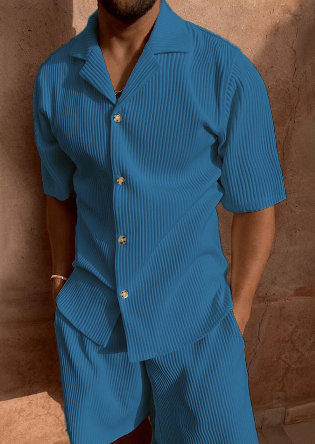 Camburi Men's Ribbed Shirt & Shorts Set in Blue, view 1