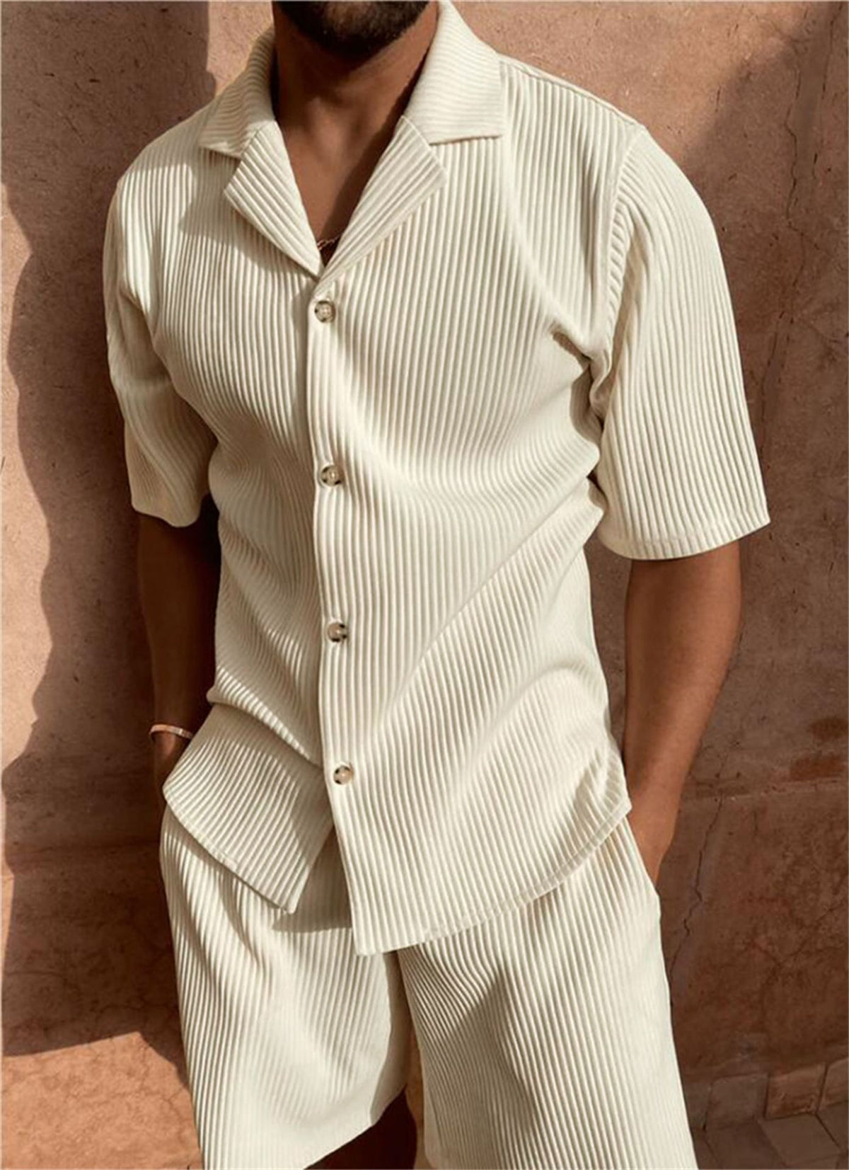 Camburi Men's Ribbed Shirt & Shorts Set in Beige, view 1