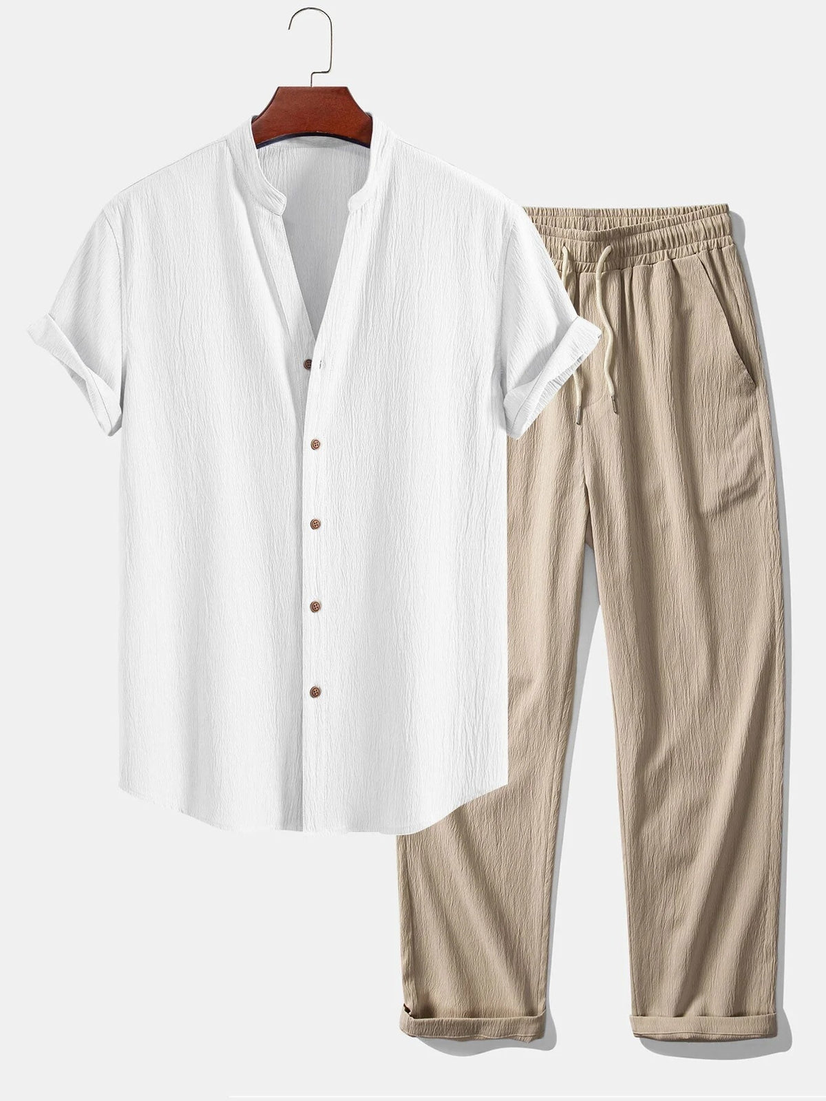 Marau Men's Textured Shirt & Pants Set in White / Tan, view 1
