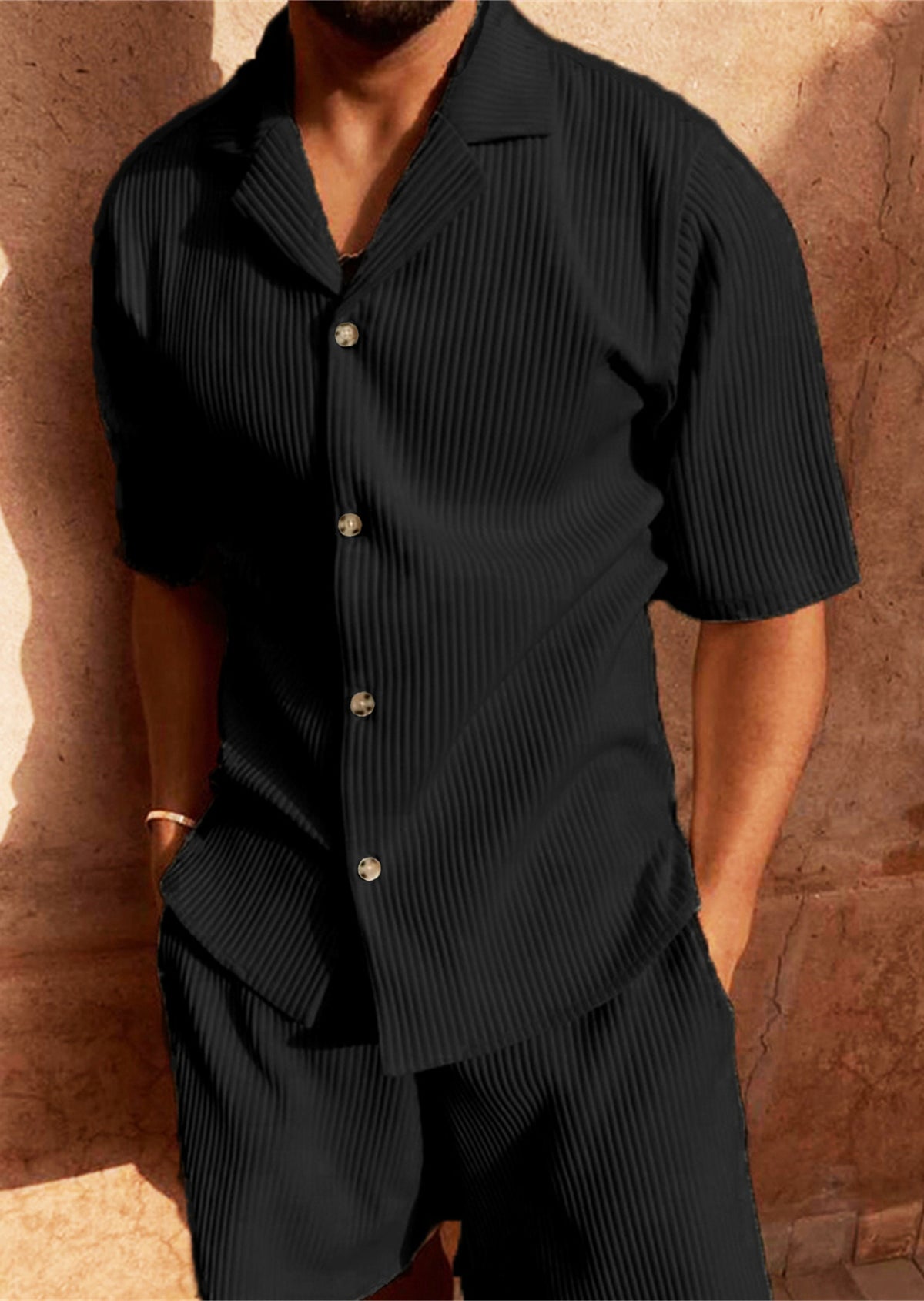 Camburi Men's Ribbed Shirt & Shorts Set in Black, view 1