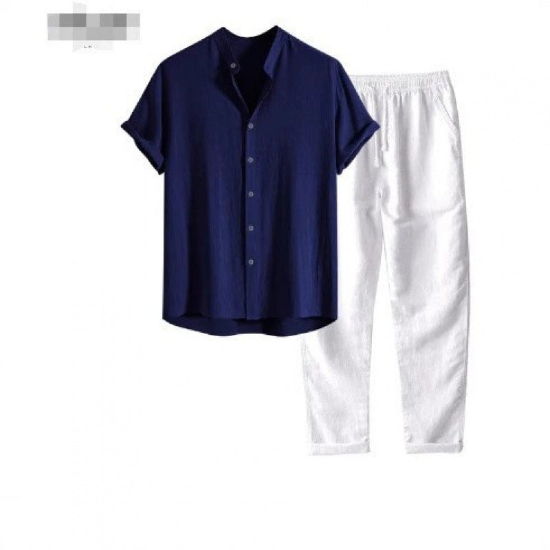 Boipeba Men's Pinstripe Shirt & Pants Set in Navy / White, view 1