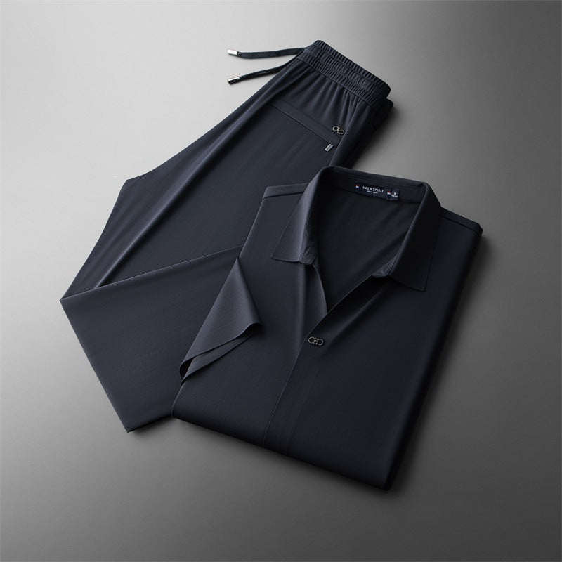 Buzios Men's Silk Shirt & Pants Set in dark blue, view 1