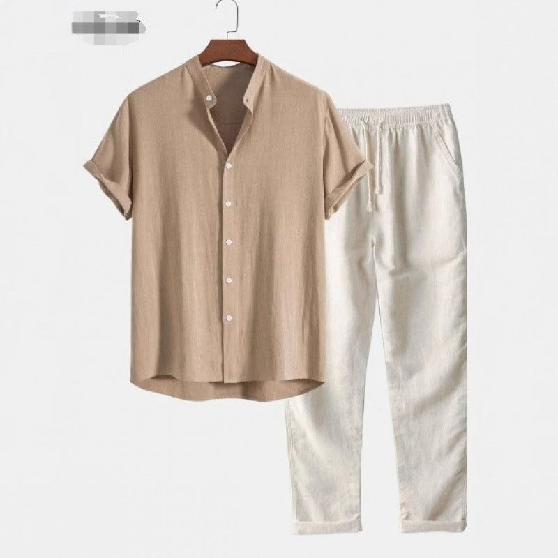Boipeba Men's Pinstripe Shirt & Pants Set in Tan / Cream, view 1