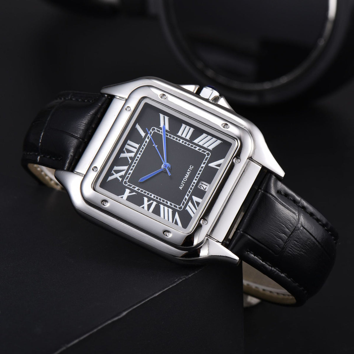 Firenze Men's Square Quartz Watch in Silver, white dial, black leather, view 1