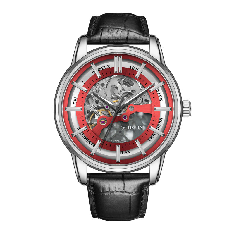 Siena Men's Open-Heart Automatic Watch in Silver Shell Red Face Black Belt, view 1