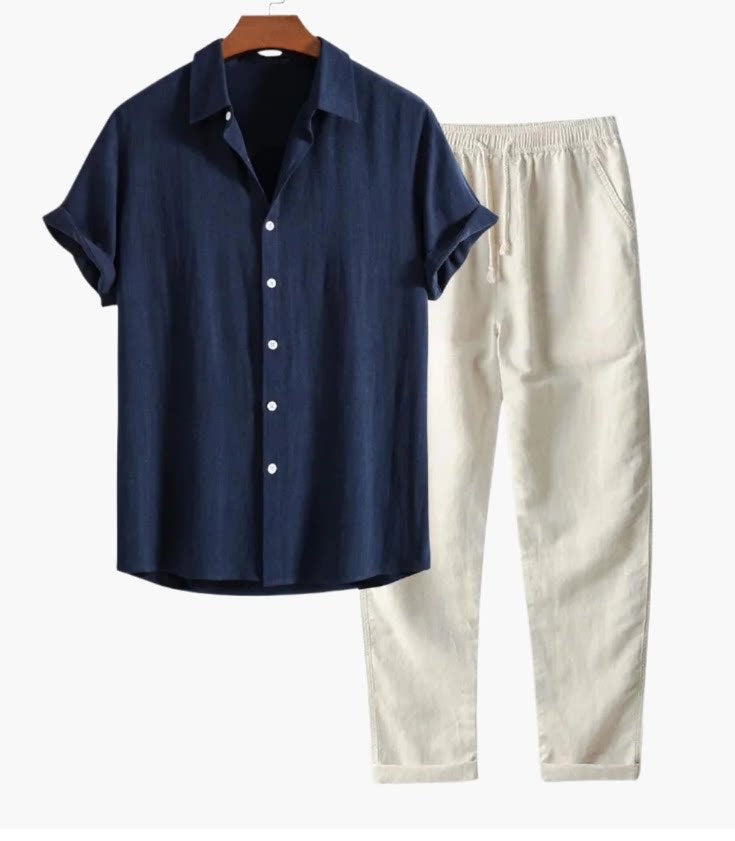 Marau Men's Textured Shirt & Pants Set in Navy / Cream, view 1