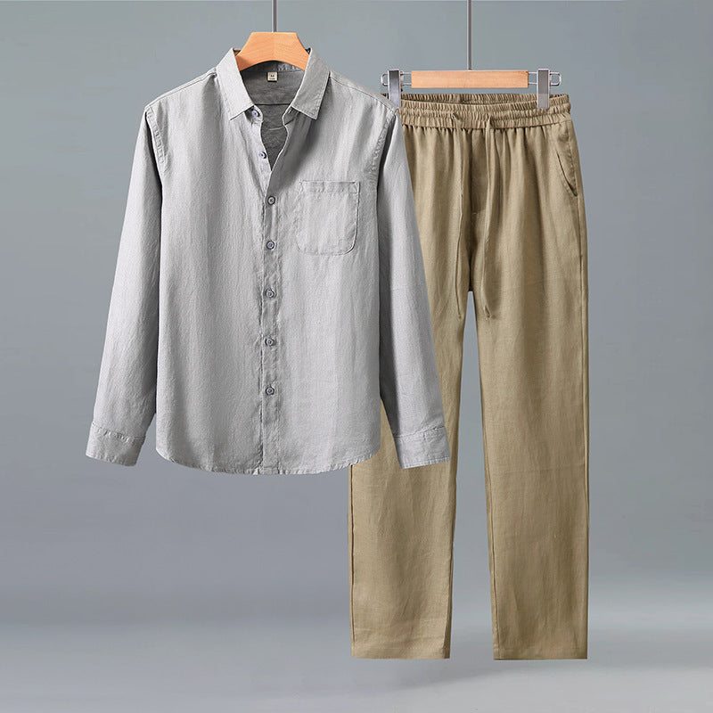 Paraty Men's Long-Sleeve Linen Shirt & Pants Set in Gray + Green Coffee, view 1