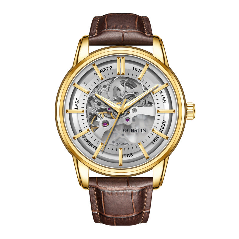 Siena Men's Open-Heart Automatic Watch in Gold Shell White Noodles Coffee Belt, view 1