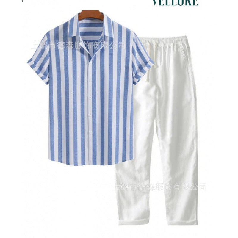 Boipeba Men's Pinstripe Shirt & Pants Set in Blue Stripe / White, view 1