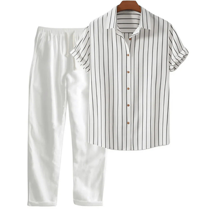 Boipeba Men's Pinstripe Shirt & Pants Set in White Pinstripe / White, view 1