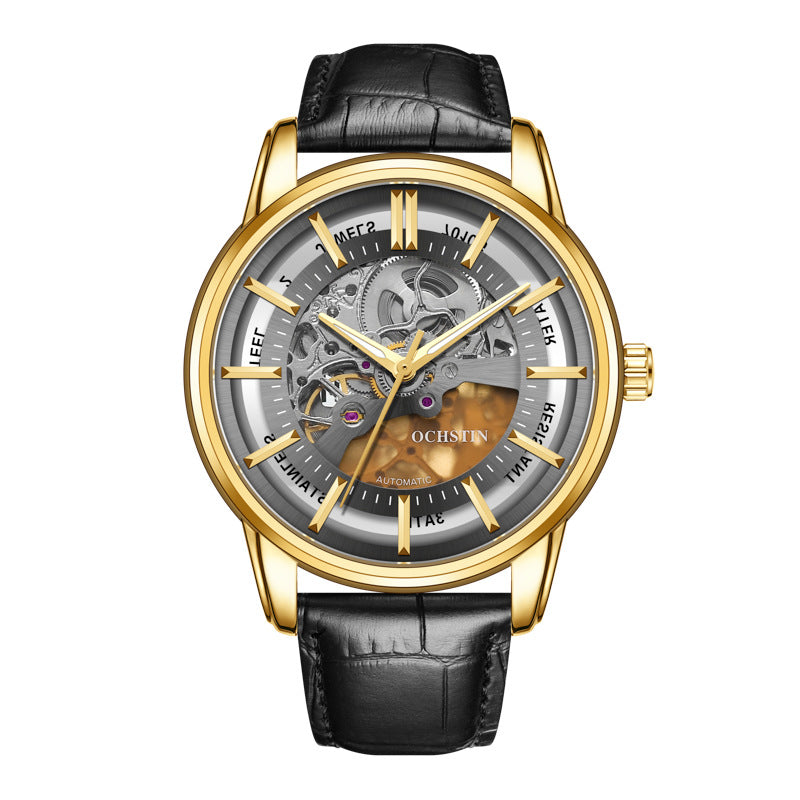 Siena Men's Open-Heart Automatic Watch in Gold shell black face black band, view 1