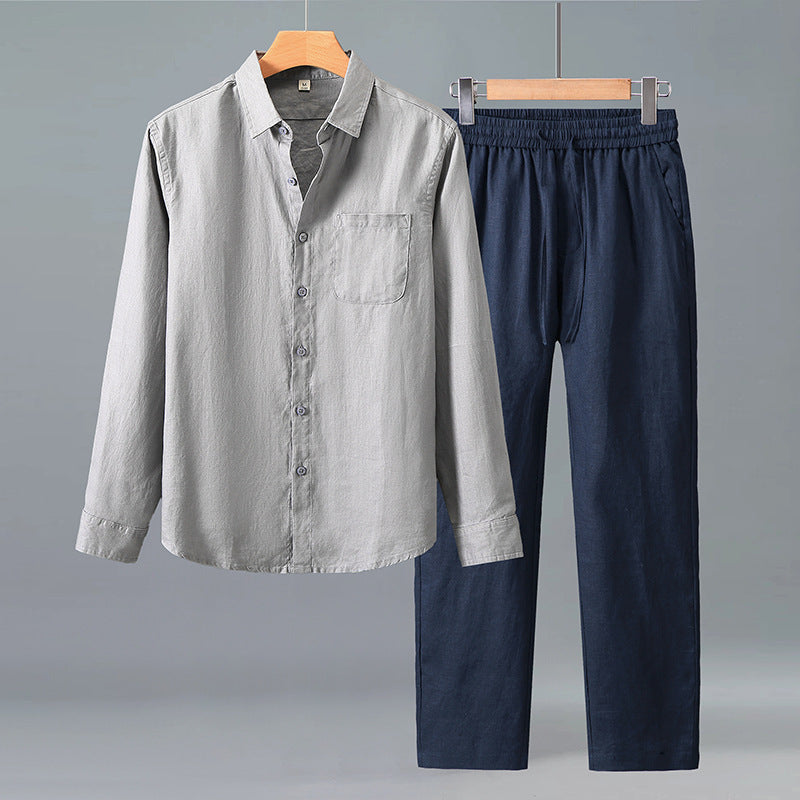 Paraty Men's Long-Sleeve Linen Shirt & Pants Set in Gray + Sapphire Blue, view 1