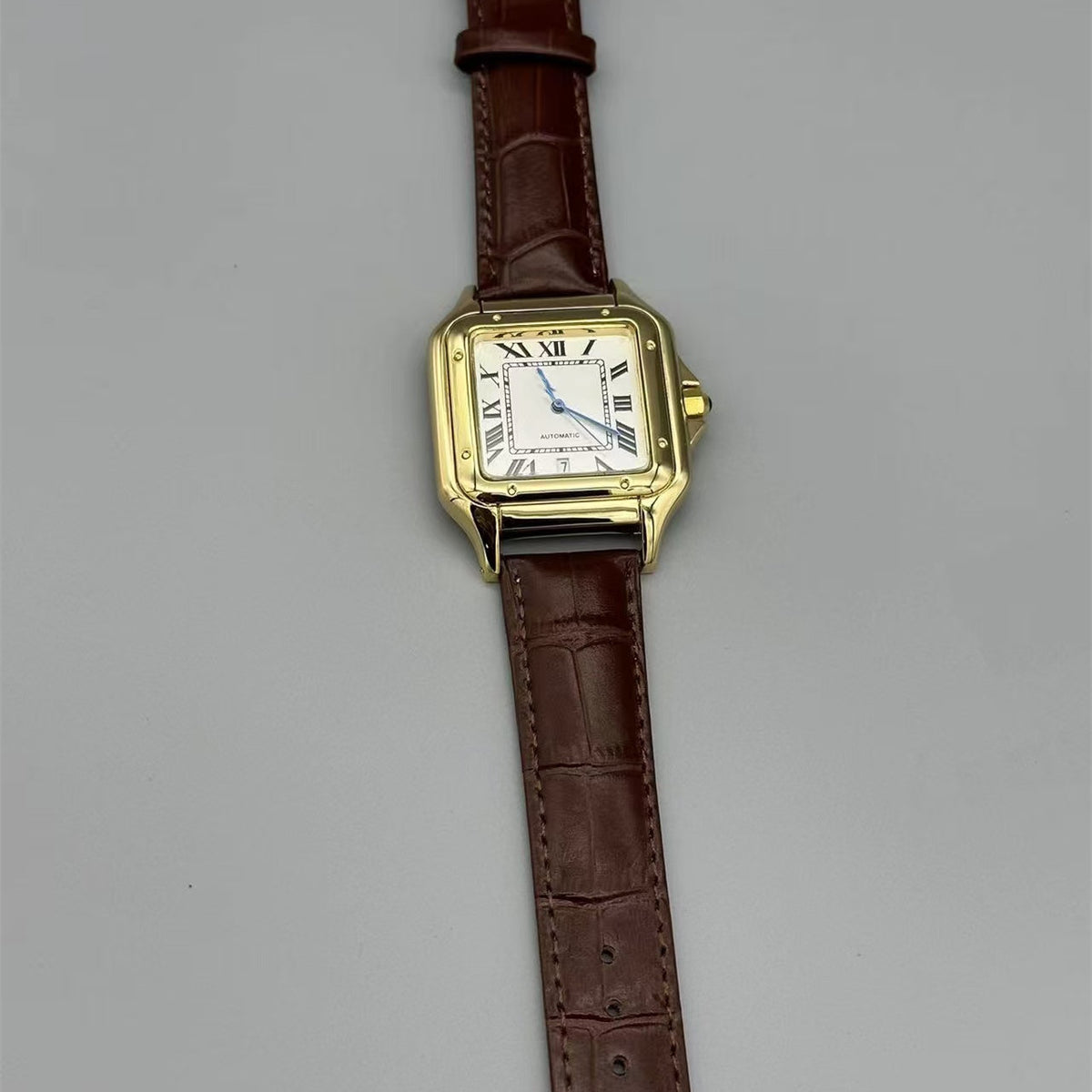 Firenze Men's Square Quartz Watch in Gold, white dial, brown leather, view 1
