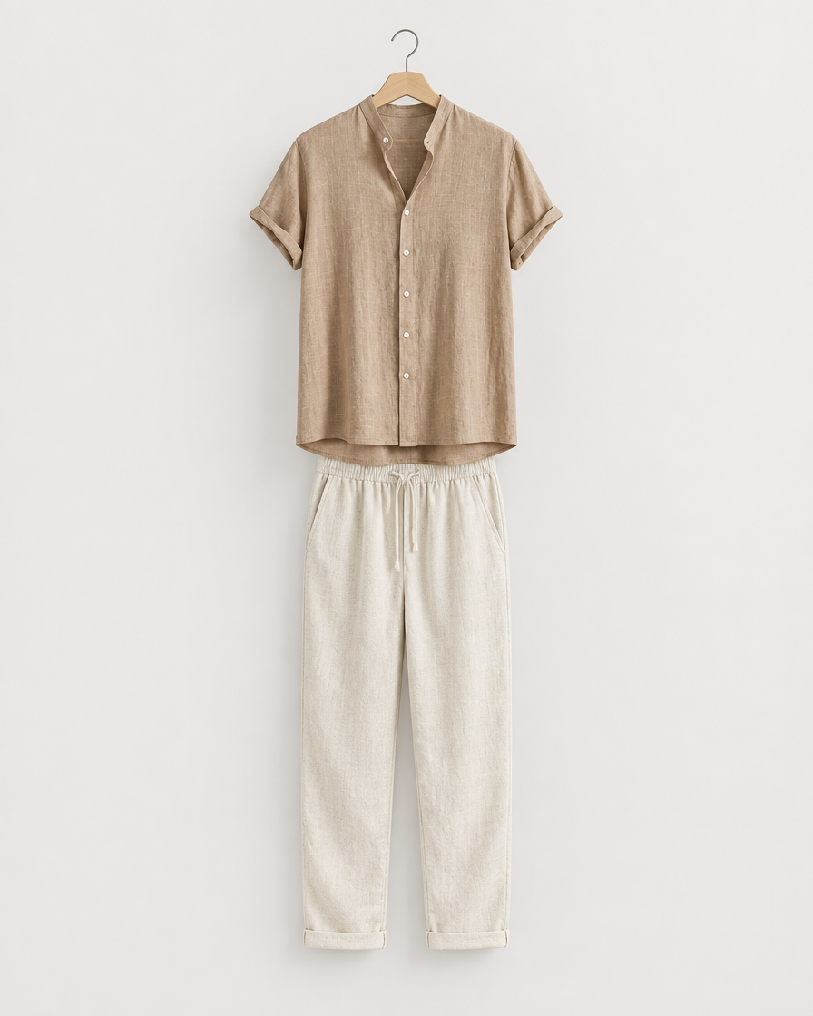 Arraial Men's Band Collar Linen Shirt & Pants Set, view 1