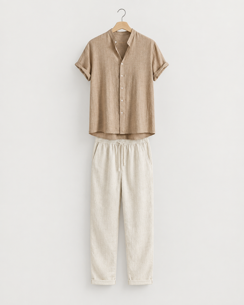 Arraial Men's Band Collar Linen Shirt & Pants Set, view 1