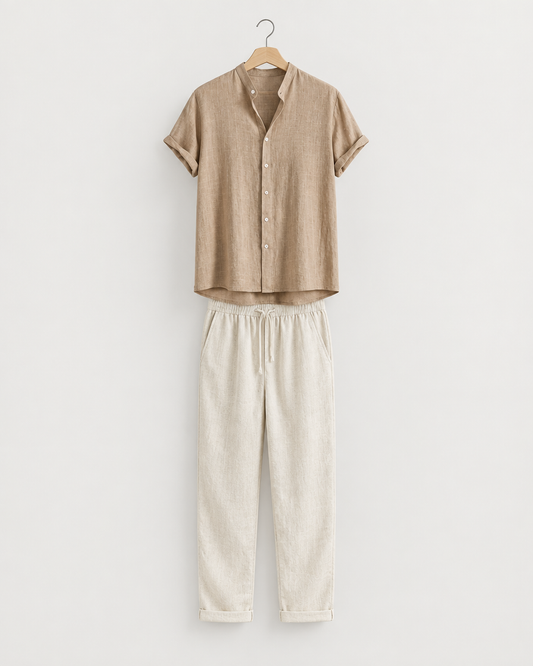 Arraial Men's Band Collar Linen Shirt & Pants Set, view 1