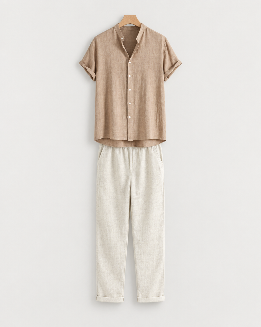Trancoso Men's Band Collar Linen Shirt & Pants Set, view 1
