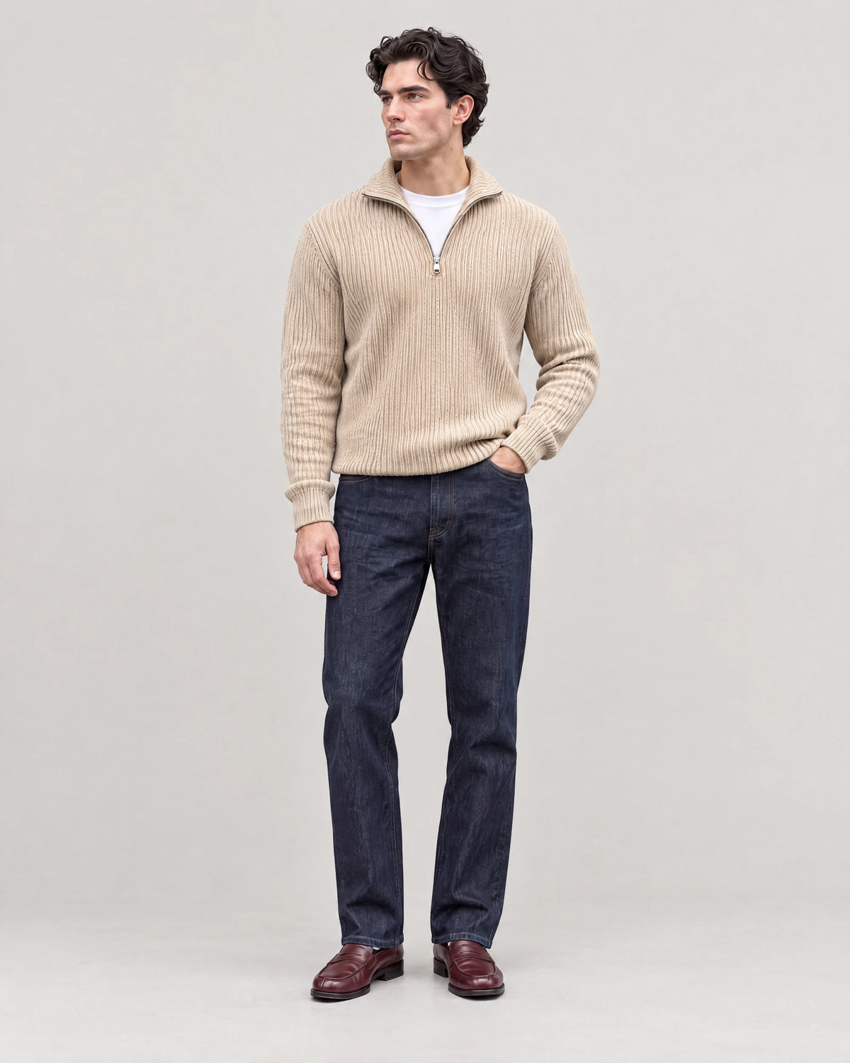 Gramado Men's Ribbed Quarter-Zip Pullover in Apricot, worn by model, full length