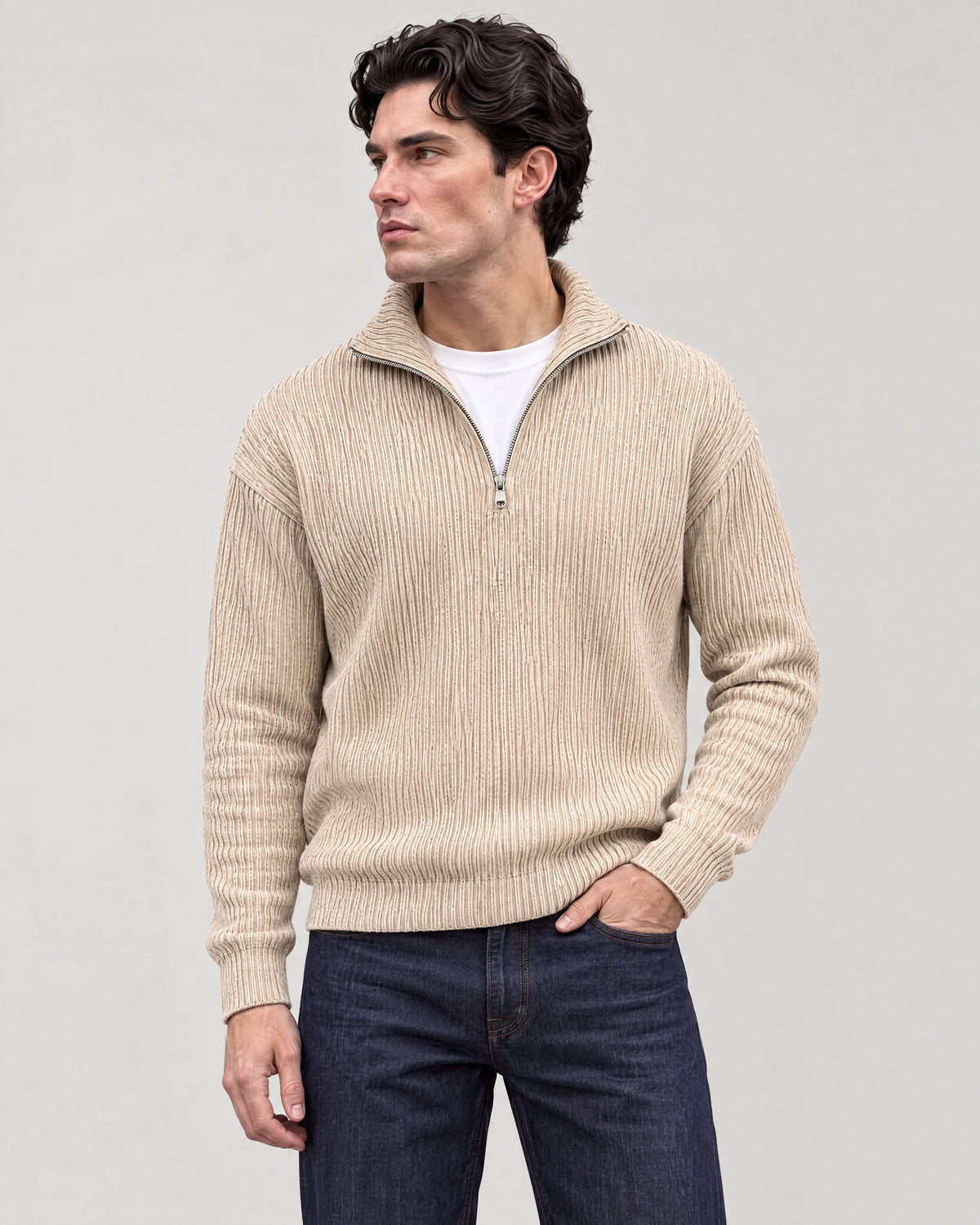 Gramado Men's Ribbed Quarter-Zip Pullover in Apricot, worn by model