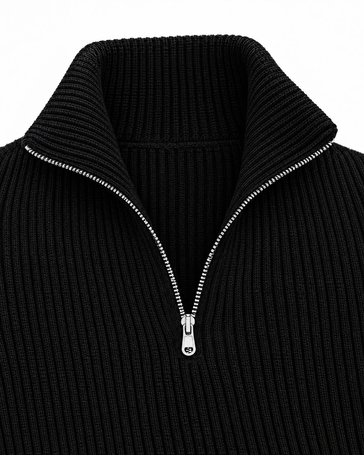 Gramado Men's Ribbed Quarter-Zip Pullover in Black, collar and zip detail