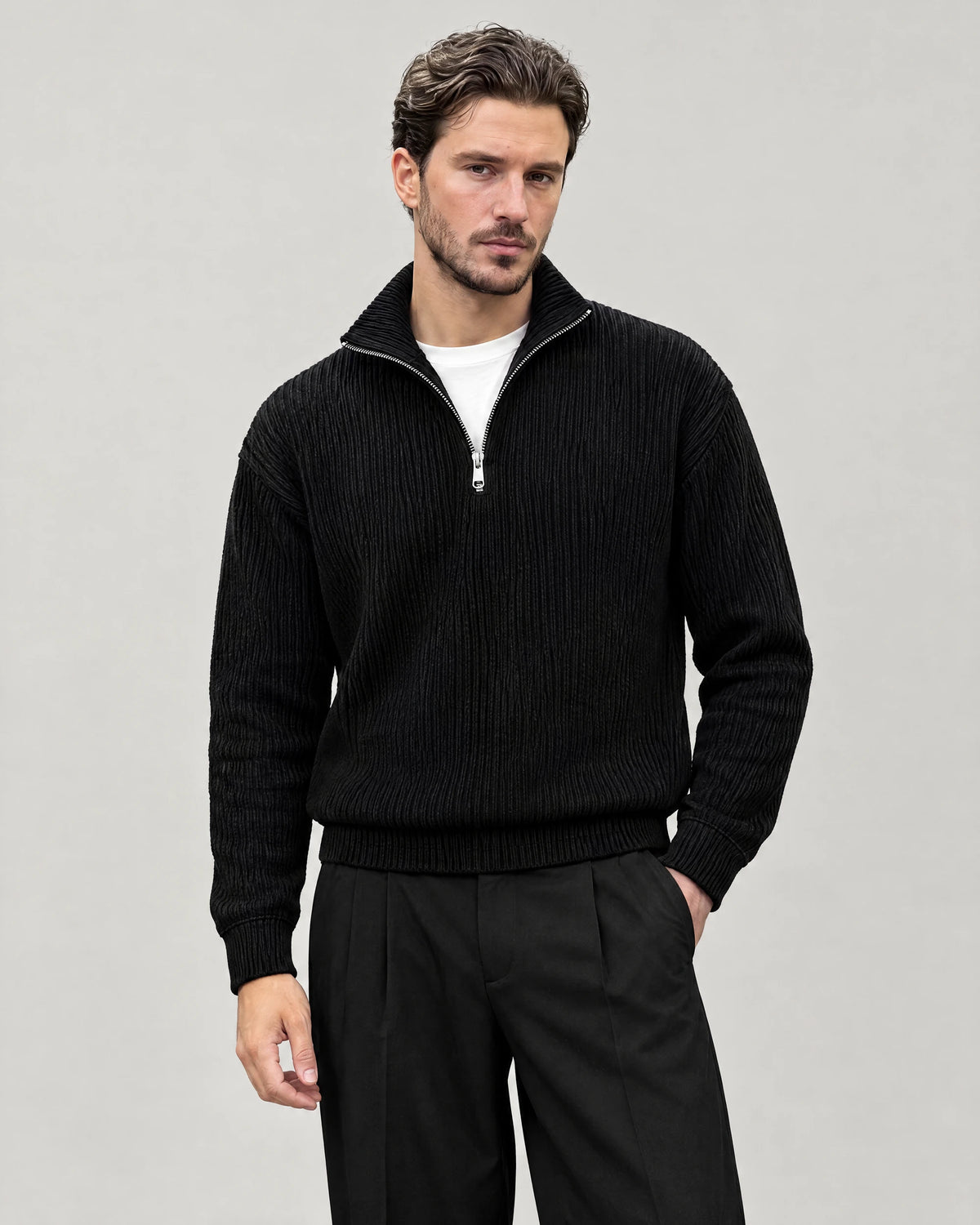 Gramado Men's Ribbed Quarter-Zip Pullover in Black, worn by model