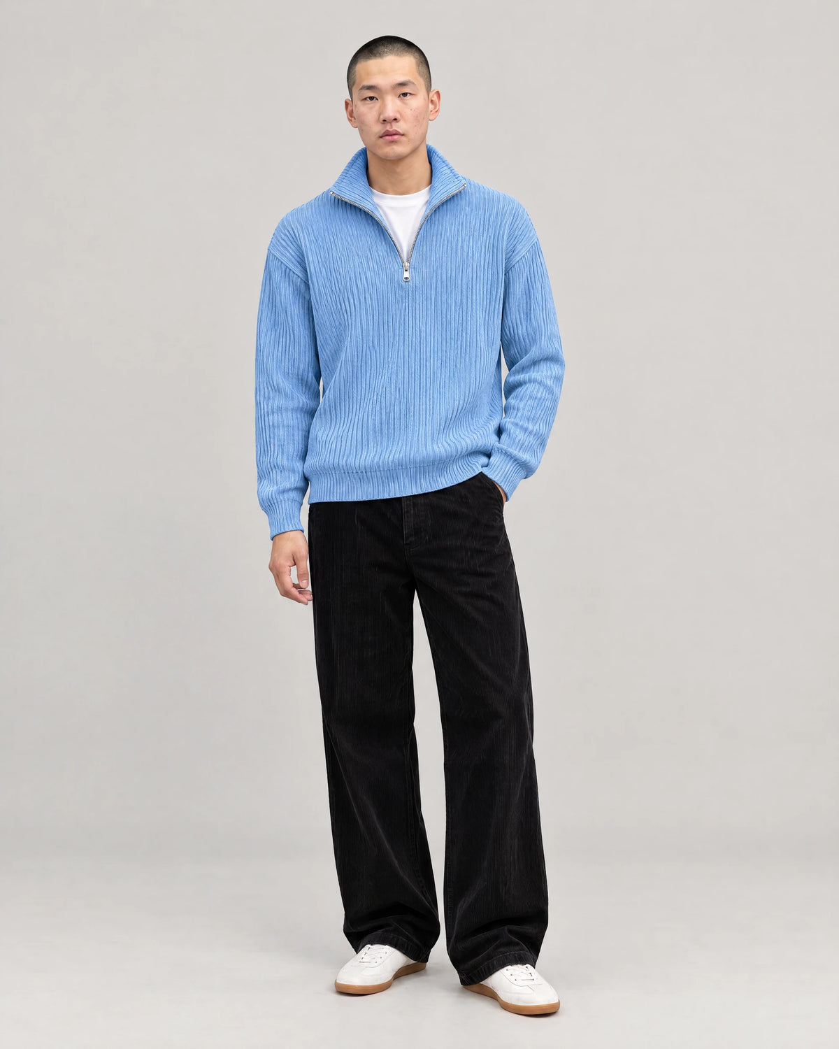 Gramado Men's Ribbed Quarter-Zip Pullover in Light blue, worn by model, full length