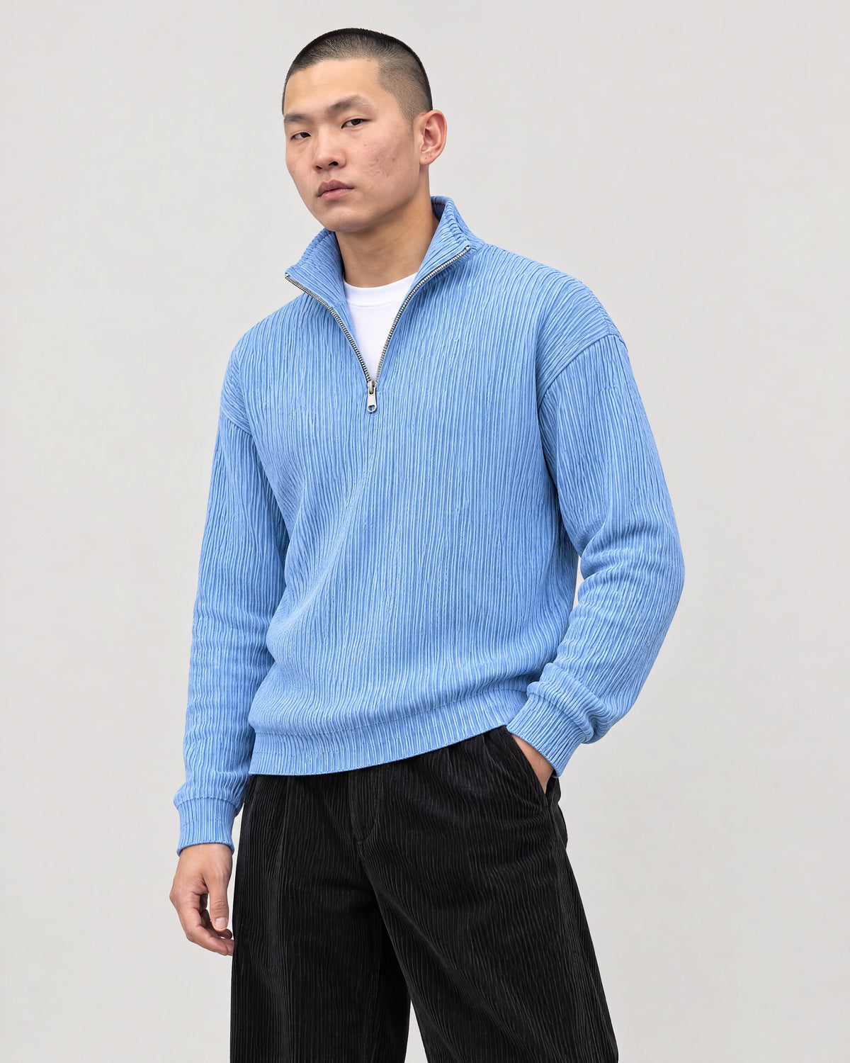 Gramado Men's Ribbed Quarter-Zip Pullover in Light blue, worn by model